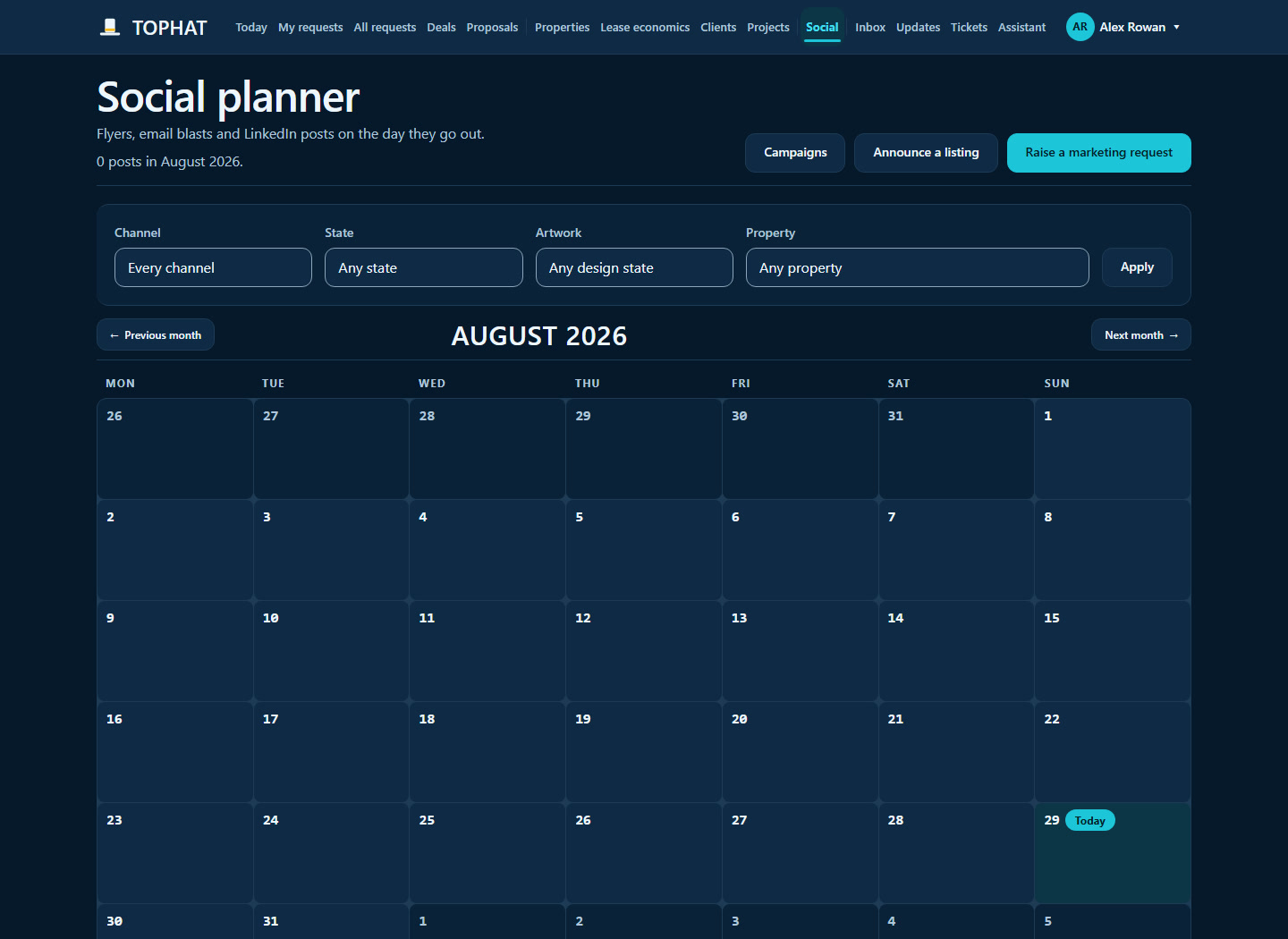 The Tophat marketing screen, listing each platform a property was placed on with its link and posting date, alongside social posts and their approval status.