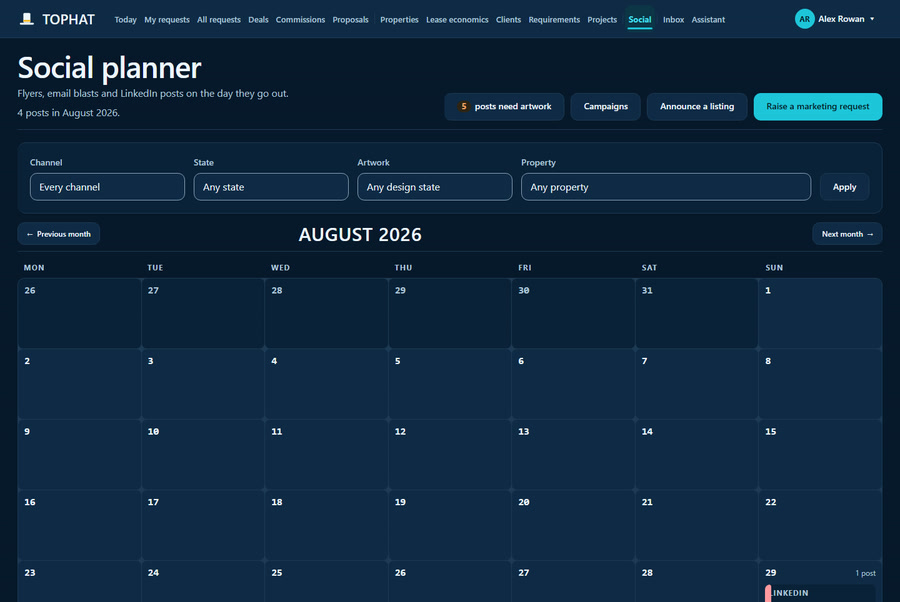 The marketing and placements screen